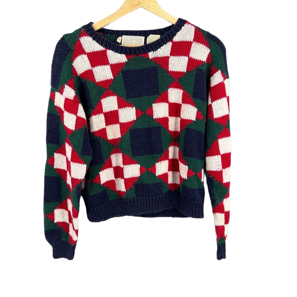 Vintage 1989 The Eagle’s Eye Hand Knit Sweater‎ Geometric Red Green Navy Small